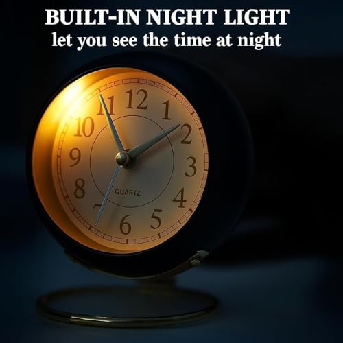 Image of Vintage Analog Alarm Clock with Night Light, Silent Non-Ticking Quartz Movement, Battery Powered Round Desk Clock with Gold Metal Stand, HD Glass Dial for Bedroom, Office, Study Table Decor (Black 1)