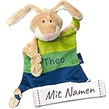FLAUSCHIGES Sigikid Schnuffeltuch Hase mit Namen personalisiert in Grün / Blau (BESTICKT) für Neugeborene, Babys und Kleinkinder (Jungen). Serie: Blue, Name / Text, Schriftart und Farbe individuell anpassbar.