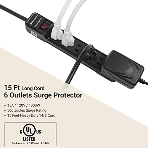 DEWENWILS 6-Outlet Surge Protector Power Bar, Power Strip with 15FT Long Extension Cord Indoor, Flat Plug Power Bar, 15 Amp Circuit Breaker, 560 Joules, Protected Indicator Light, Black, UL Listed