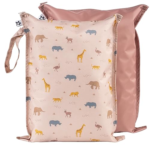 Image of Tiny Twinkle Mess-proof Wet Bags 2 Pack Waterproof and Washable Bag for Travel storage, Stroller, Daycare, Baby Diapers, Yoga, Beach, Pool, Wet Toddler Swimsuits (Petite Safari)