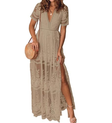 Image of Womens V Neck Floral Embroidered Lace Wedding Maxi Dress Boho Short Sleeve Slit Bridesmaid Evening Party Dresses Apricot