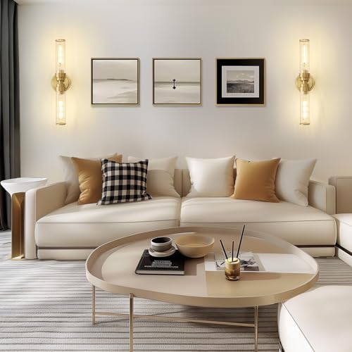 Image of Bathroom Light Fixtures, Gold Wall Sconce in Threaded Glass Indoor Vanity Lights, Modern Bathroom Vanity Light Up and Down Sconces Wall Lighting for Bathroom, Living Room - Bulb Not Included