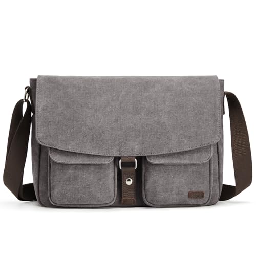S-ZONE Canvas Messenger Bag for Men Satchel Shoulder Bag Fits 15.3 Inch Laptop Vintage Multiple Pocket Crossbody Briefcase for School Work Traveling Daily Grey