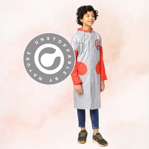 Image of Citizen Avengers Kids Raincoat with Inbuilt Hood & Carry Bag, PVC Virgin Fabric with High Tearing Strength, Full Sleeves Knee Length Raincoat For Boys & Girls, Grey & Red