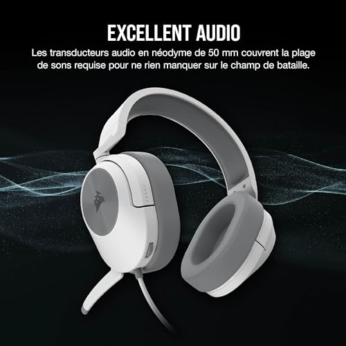 CORSAIR HS55 STEREO Casque Gaming Filaire Léger – Microphone omnidirectionnel, Haut-Parleurs en Néodyme, Compatible iCUE – PC, Mac, Xbox, Nintendo Switch, Mobile – Blanc