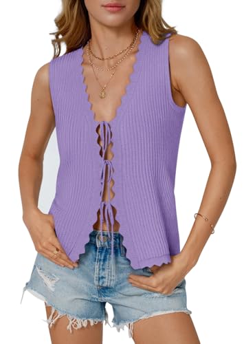 Image of COCCKO Womens Summer Tops Vacation Beach Outfits Cute Tie Front Crochet Vest Knit Sleeveless Sweaters
