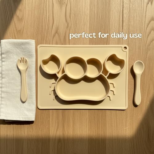 Image of Silicone Baby Meal Plate Set with Spoon & Fork | Crab Shaped | Banana Yellow | 5 Section Divided Plate for Toddlers | Food Grade Kids Feeding Set | Microwave Dishwasher Safe
