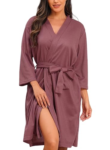 Lovasy Bademantel Damen Waffelpique 3/4 Ärmel Saunamantel Waffelstrick...