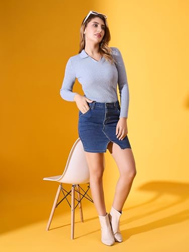 Image of 98 Degree North Women Ribbed Collar Neck Pullover-G1164-BLUEMELANGE