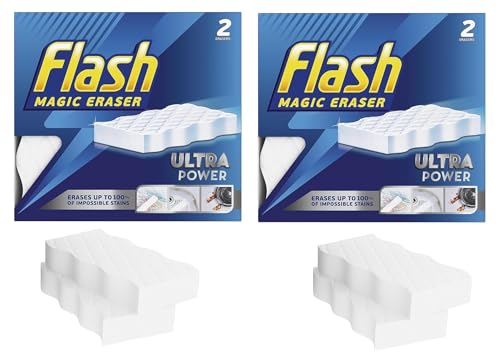 4 x Flash Magic Eraser Sponge | Ultra Power Erases 100% Chemical Free Multi-Functional Sponge Long-Lasting Easy Cleaning for Crayon Grease and Grimes Comfort and Effortless Shine(Pack of 2 (4pc))
