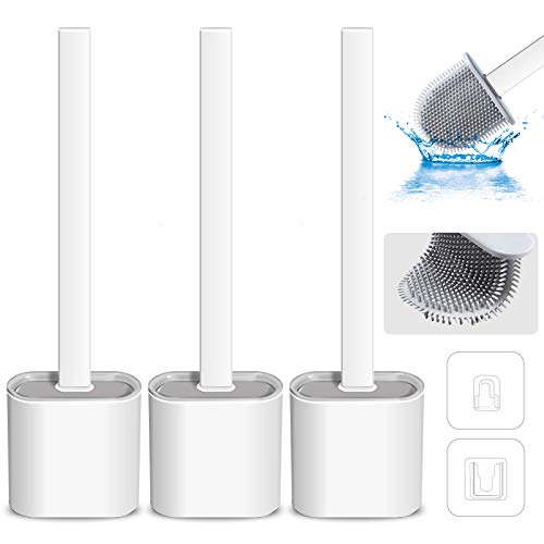 Silicone Toilet Bowl Cleaner Brush and Holder Set Wall Mounted Bathroom Cleaner Brushï¼Œ Deep Cleaning Non-Slip Long Plastic Handle Bendable Brushes Head Clean Corner Easily Toilet Scrubber (White3)