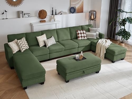 Image of CHIC HOUSE Modular Sectional Couch| Corduroy L Shaped Sleeper Sofa, U-Shape Sofa Bed Convertible Chaise with Storage Ottoman for Living Room Modern Furniture (Green, 12 Seater Sleeper)