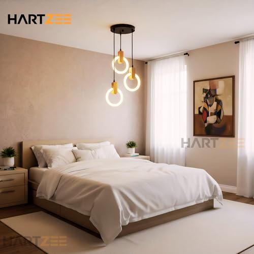 Image of Lunaris Orbit 2 Pack LED Chandelier 3 Ring Pendant Light | Modern Hanging Ceiling Lamp with Wooden Accent for Living Room, Dining Room, Bedroom, Restaurant & Cafe | 3000K Warm White Lighting
