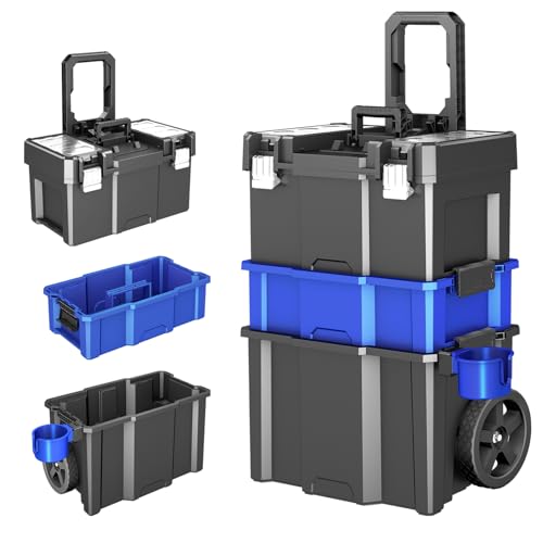 Image of 3 Tier Rolling Tool Box With Wheels,Stackable Tool Box with Removable Cup Holder,Portable Toolbox with Foldable Handle and Top Parts Box,Garage Storage Tool Organizer for Garage & Workshop