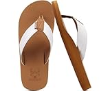 KuaiLu Men's Leather Flip Flops Arch Support Summer Beach Pool Water Thong Sandals Waterproof Rubber Walking Shoes Slip on Orthotic Casual Sport Cushioned Slides Shower Slippers Khaki White Size 10