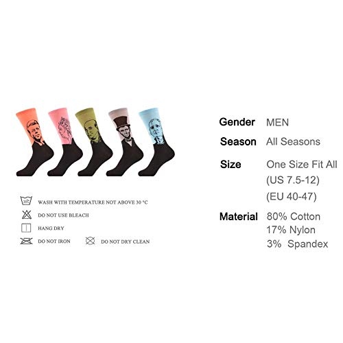 Qhome mens 5 pairs / lot Combed Cotton Famous People Pattern Lincoln President Funny Casual Crew Socks Dress, Colorful, Large2