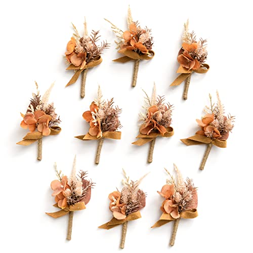 Ling's Moment Boutonniere for Men, 10pcs Groomsmen Guest Boutonniere, Artificial Flowers for Wedding Decor/Prom/Homecoming,etc.Boho Dried Burnt Orange