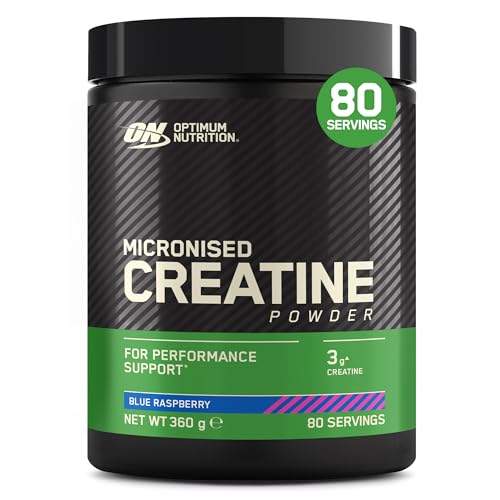 Optimum Nutrition Micronised Creatine Powder Flavoured Blue Raspberry 3 g creatine monohydrate per Serving Muscle Fuel for high Intensity Training 360 g 80 Servings Performance Support