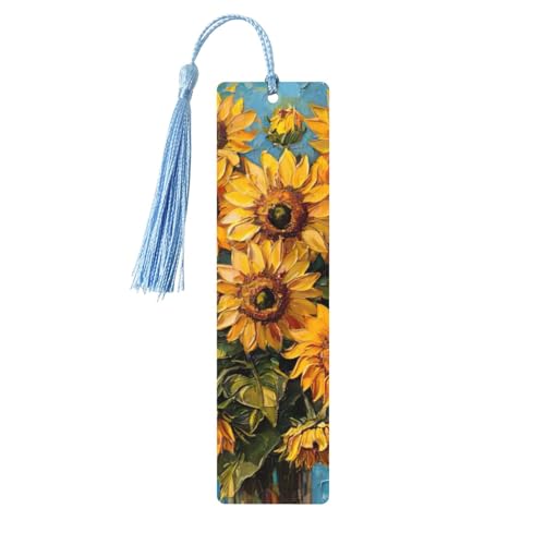 油絵 ひまわりプリント タッセル付き木製しおり 5個 読書ページマーカー ブックマーク 男性女性へのギフトに