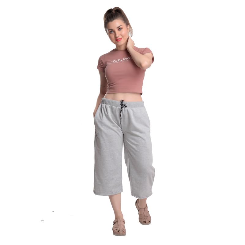 Image of Women's Cotton Plain Capri Pants, Loose Yoga Pants, Nightwear for Women