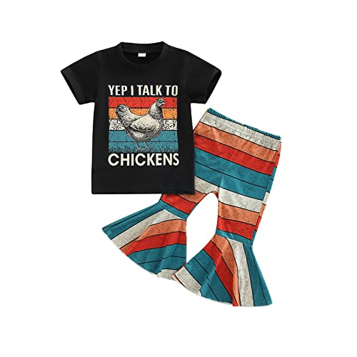 Image of HnuanLui Toddler Baby Girl Bell Bottom Outfit YEP I TALK TO CHICKENS Letter Print T Shirt Rainbow Flare Pants Farmer Clothes
