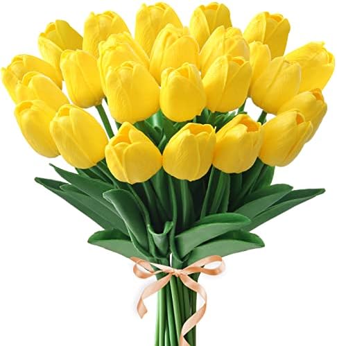 Starryle 10Pcs Yellow Tulips Real Touch Artificial Tulips Fake Flowers for Spring Decor Tulips for Mother’s Day Faux Flowers for Home Kitchen Office Wedding Bouquet Flower Arrangement Decor