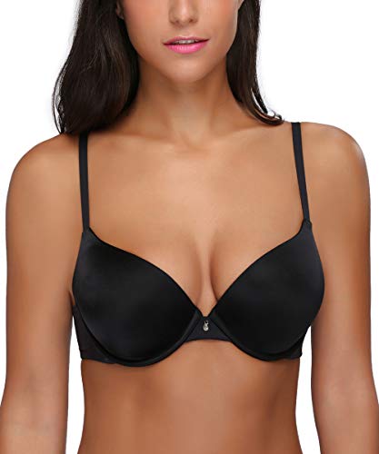 Deyllo Damen Glatt Halbschalen T-Shirt Push-up BH(mit Bügel) Leicht Wattierte (Schwarz,75B) Cover