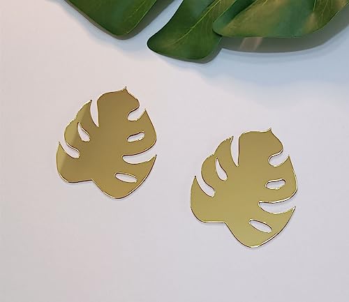 XIAOYUE Monstera Mirror, Monstera Leaf Shaped Shatterproof Wall Mirror Sticker, Flower Wall Art, Wall Décor, Monstera deliciosa Plant Mirror (Gold Mirror, 3'')