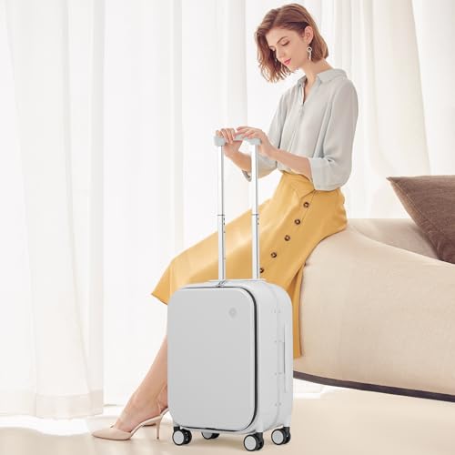 Mixi Carry On Luggage, 20\'\' Suitcase with Front Laptop Pocket, Travel Rolling Luggage Aluminum Frame PC Hardside with Spinner Wheels & TSA Lock and Cover - Smoke White