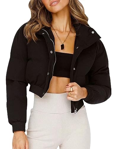 Gihuo Women' s Cropped Puffer Jacket Padded Long Sleeve Bubble Coats Winter Warm Puffy Outerwear