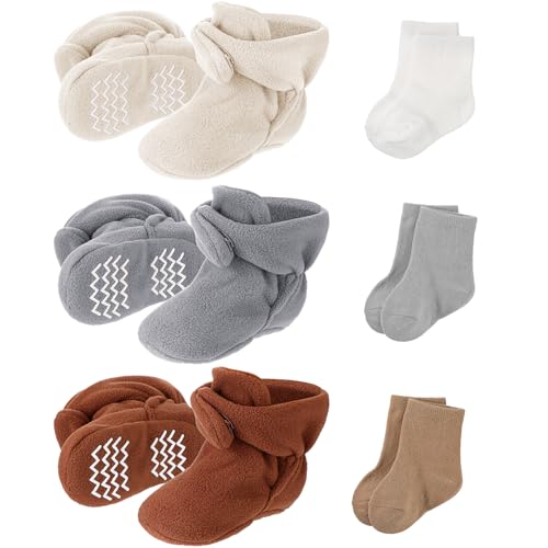 Image of SATINIOR 3 Pairs Unisex Cozy Fleece Baby Booties with 3 Pairs Infant Cotton Socks