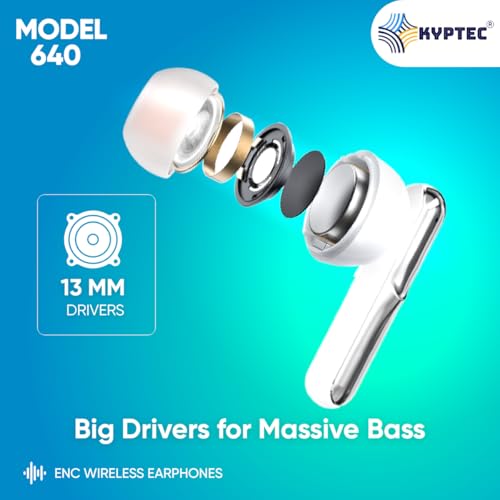 Image of KYPTEC Model 640 ENC Bluetooth Wireless Earbuds - Earbuds with Mic, Deep Bass 13MM Drivers, 40H Playtime, Fast Charging, Low Latency, Sleek Lightweight Design, True Wireless Earphones