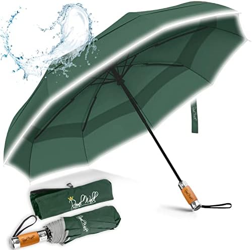 Royal Walk Windproof Folding Travel Umbrella Compact and Strong Luxurious Real Wood Handle Automatic Open Close Vented Double Canopy for Men and Women