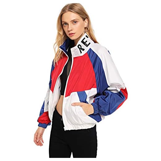 SweatyRocks Women's Lightweight Active Jacket Long Sleeve Color Block Letter Print Windbreaker White XL