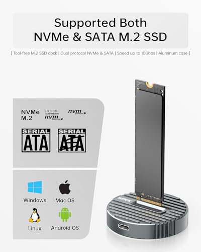 Image of Tool-Free M.2 NVMe & SATA SSD to USB C Dock 10Gbps Aluminum Stripe | M2 SSD Reader Adapter for Data Rescue & External Storage, Supports M /B+M Key PCIe & NGFF 2230-22110, for Laptop, PC RTL9210C