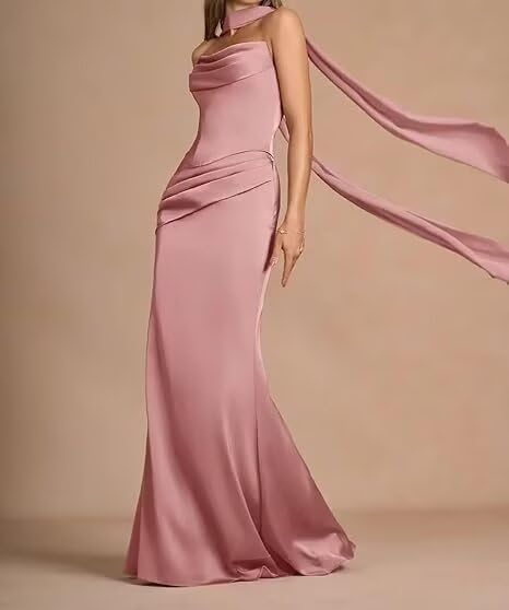 Mermaid Bridesmaid Dresses for Women Satin Strapless 2025 Pleated Formal Dress with Scarf3