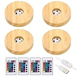 Patikil 4 Pcs Wooden Stand Base 3.9", 16 Color LED Lights Display Base 1.5Meter Line Length with Remote Control for Acrylic Night Light 3D Crystal Glass Resin Art, Round