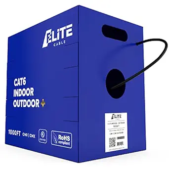 Elite Cat6 Indoor/Outdoor Ethernet Cable - 23AWG, 1000ft, 600MHz, 5+ dB, High Performance, UL Listed, LP Rated, Black