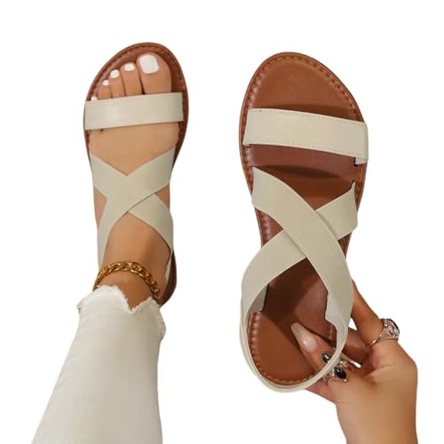 Women's Elastic Ankle Strap Flat Sandals Summer Dressy Shoes Cute Strappy Gladiator Sandal Casual Walking Slippers