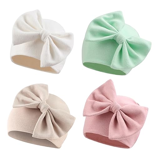 Image of Bamery Newborn Baby Girl Hat Cotton Baby Bow Beanie Preemie Hats Spring Infant Hats for Girls 0-12 Months