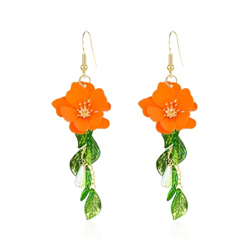 Flower Tassel Dangle Earrings for Women Cute Green Leaf Sakura Pearl Earrings Fairy Statement Summer Refreshing Seaside Idyllic Holiday Jewelry