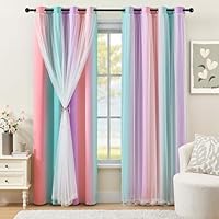 XiDi 100% Blackout Curtains for Girls Bedroom 63 Inches Long 2 Panels Colorful Rainbow Nursery Kids Curtains with Sheer Overlay Unicorn Wall Decor Princess Grommet Drapes Pink Purple Green 34W x 63L