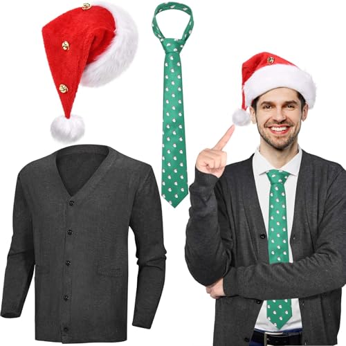 3Pack Christmas Movie Character Costume Set Including Red Santa Hat Green Tie Grey Cardigan Sweater for Adults (XL)