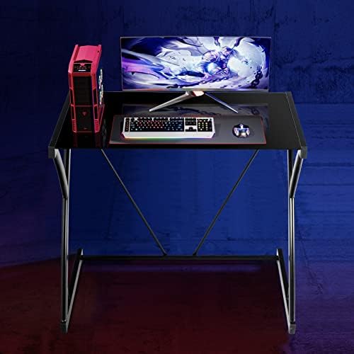Multigot Computer Desk, Tempered Glass Z-shaped Laptop Table with Metal Frame and Adjustable Feet, Modern Writing PC Workstation for Home Office