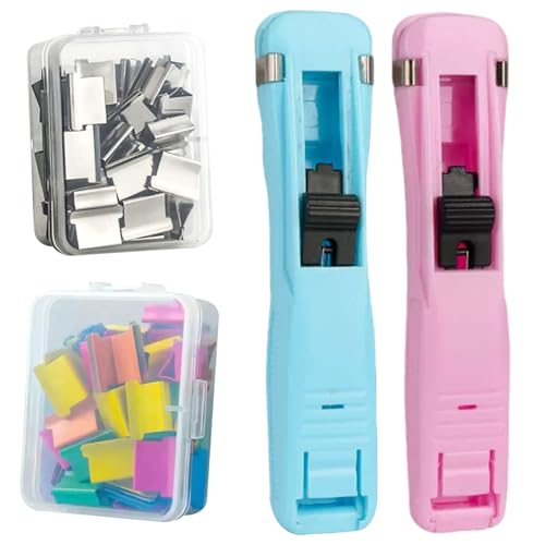 Binder Clip Stapler No Holes, No Damage, Reusable Push Clips for Paper, Includes 100 Clips & 2 Push Staplers.