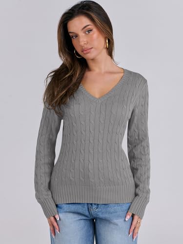 Image of ANRABESS Women's Cable Knit V Neck Fitted Sweaters