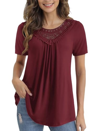 NLAND Camiseta de Manga Corta Mujer con Cuello Redondo Casual Blusas de Encaje Verano Elegantes Túnica Top de Básica T-Shirt(Burdeos,XXL)