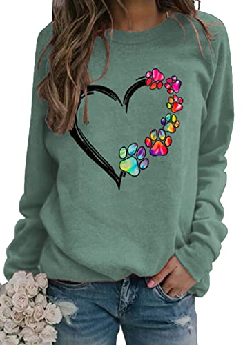 TYQQU Damen Pullover mit Herz und Hundepfote zum Dating mit Freund Langarm Casual Sweatshirt Dunkelgrün XL