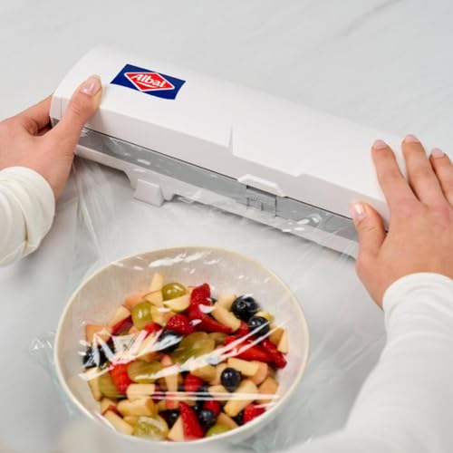 ALBAL Dérouleur Universel de film alimentaire (37 x 9cm), Dérouleur film étirable, aluminium et papier cuisson, pour une découpe nette d'une seule pression, Blanc