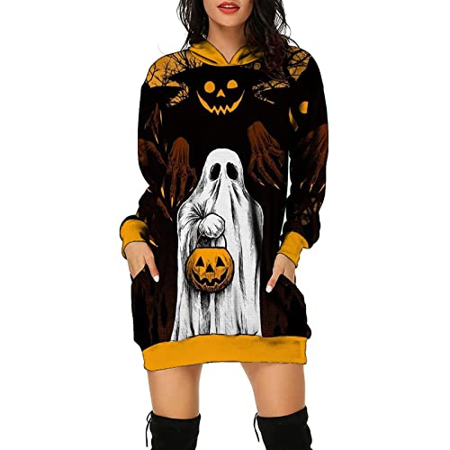Weihnachtspullover Damen Halloween Kleid Lustiger Pumpkin Kapuzenpulli gruselige Fledermaus Halloween Kostüm Katze Druck Langarm Kleid Halloween Shirts Kleid Mit Katze Muster Sweatshirt